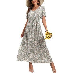 Women Boho Floral Print Loose Dress V Neck Short Sleeve Drawstring Waist Flowy